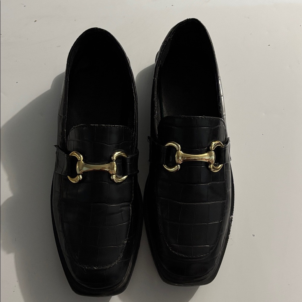 Black Leather Loafers with Gold Accent